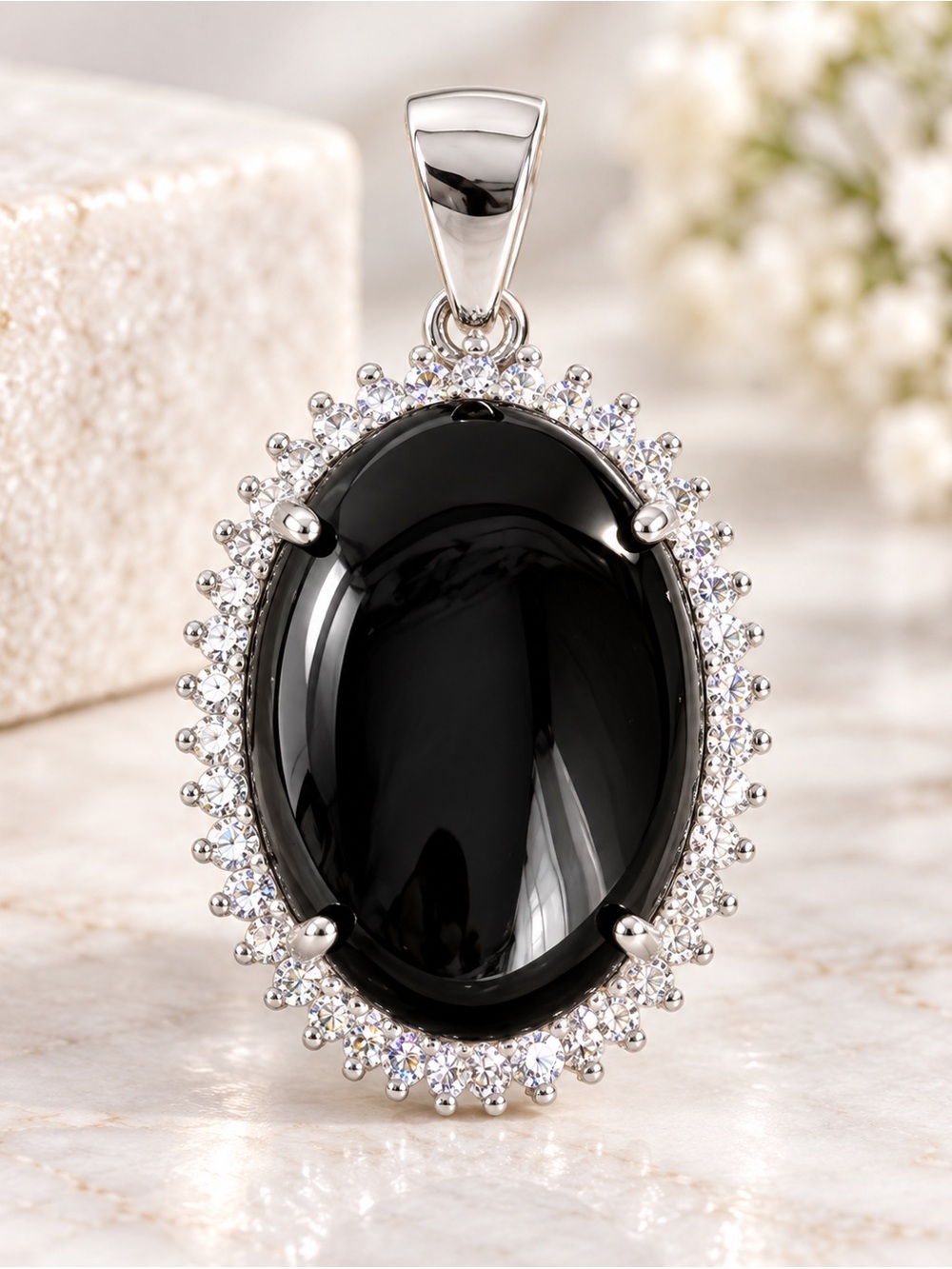 Black Onyx Moissanite Halo Pendant 925 Sterling Silver 0.80 CTW New